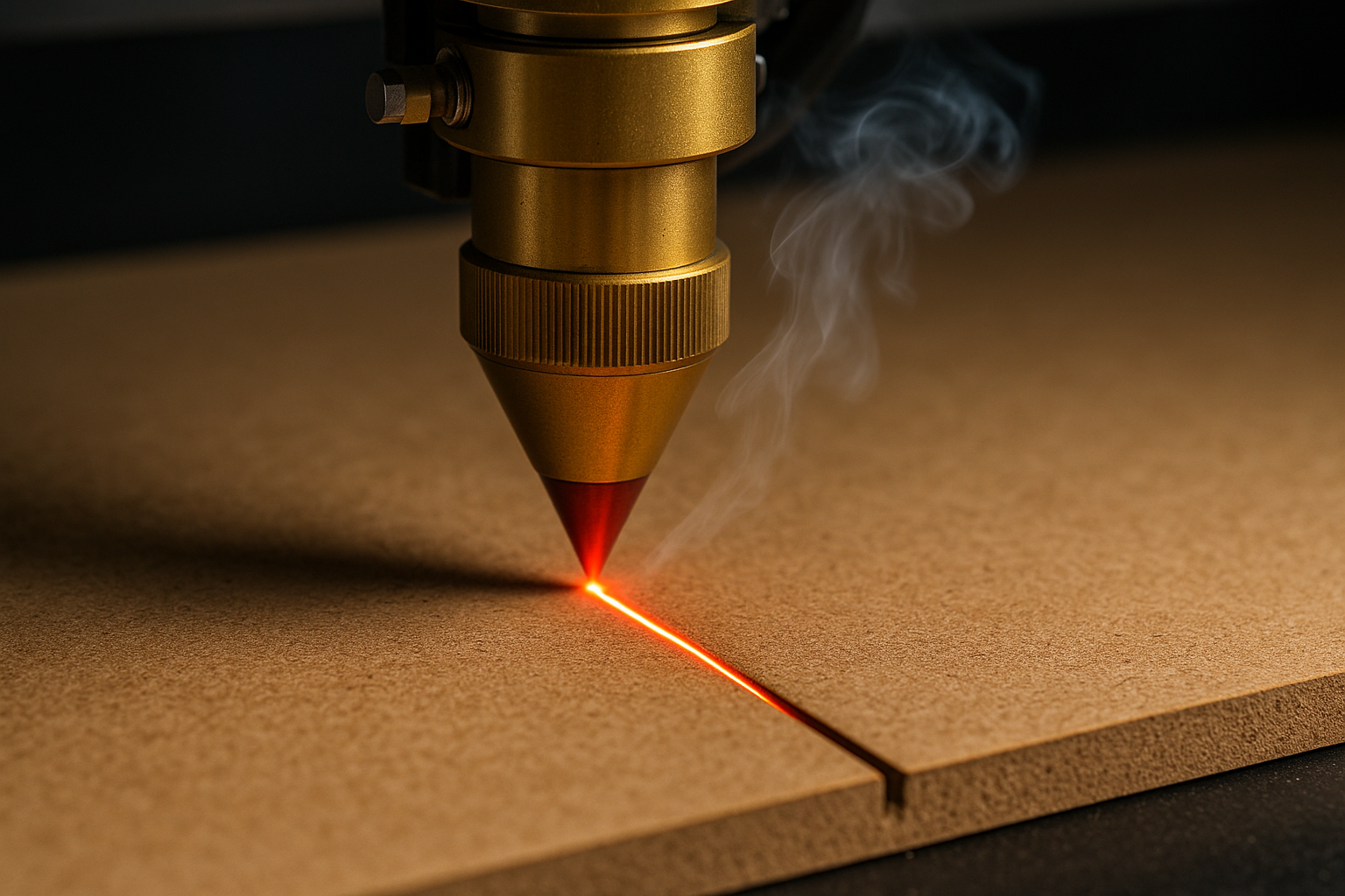 Un láser de CO₂ de alta precisión cortando una plancha de MDF, mostrando un rayo de luz rojo anaranjado penetrando el material, con humo ligero